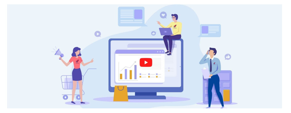 Люди возле монитора, где отображена статистика youtube