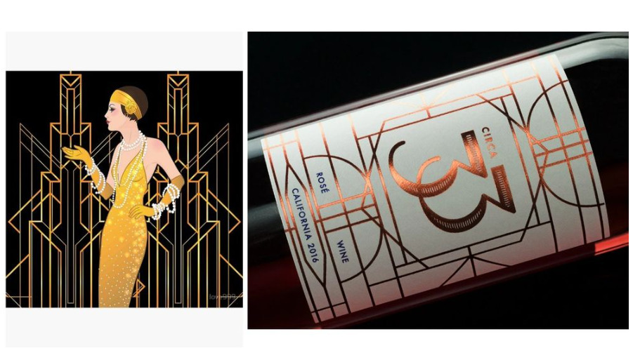 Слева женщина в желтом платье, справа этикетка от вина в ретро стиле