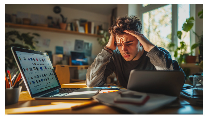 Человек держится за голову за столом и рядом ноутбук